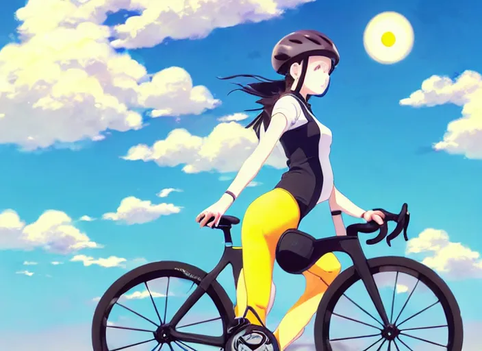 Prompt: portrait of cute girl riding road bike, sunny sky background, lush landscape, illustration concept art anime key visual trending pixiv fanbox by wlop and greg rutkowski and makoto shinkai and studio ghibli and kyoto animation, symmetrical facial features, sports clothing, yellow helmet, nike cycling suit, backlit, aerodynamic frame