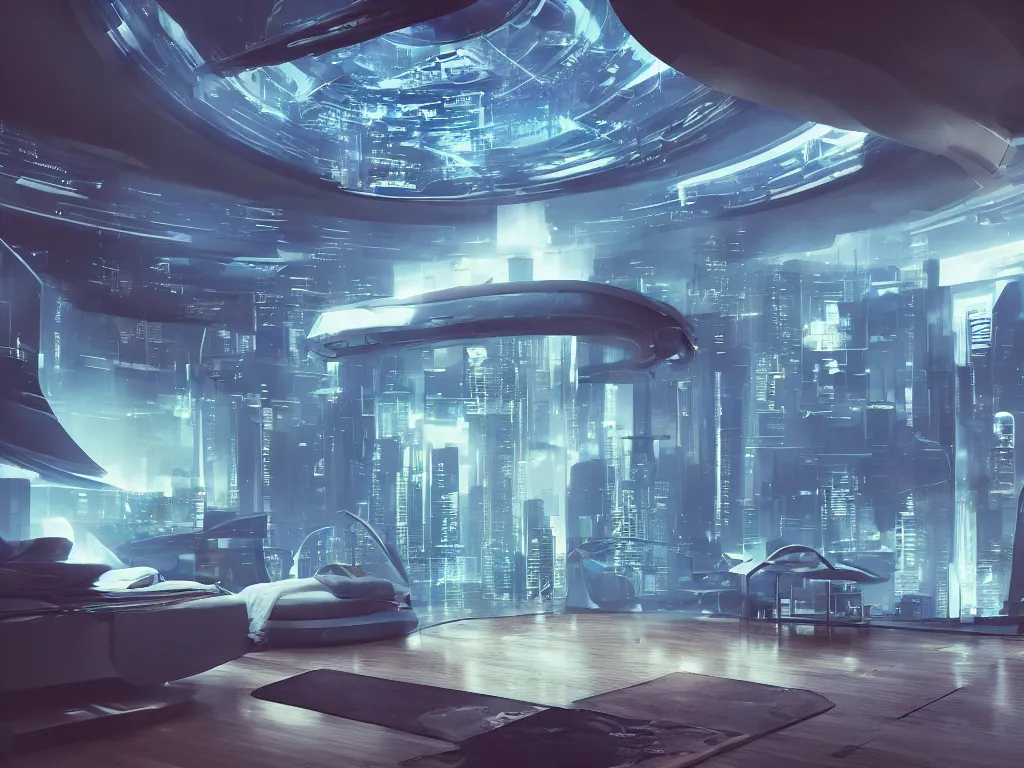 Image similar to a futuristic bedroom with large curved ceiling high windows looking out to a far future cyberpunk cityscape, cyberpunk neon lights, raining, scifi