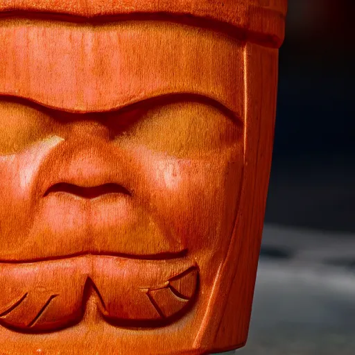 Image similar to a closeup photorealistic photograph of an orange cat garfield style tiki mug sitting at a trader vic's bar featuring garfield's face. tiki party. bright scene. fine detail. this 4 k hd image is trending on artstation, featured on behance, well - rendered, extra crisp, features intricate detail, epic composition and the style of unreal engine.