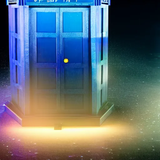 Image similar to a hyperdetailed photograph of the tardis sat on a futuristic street corner, night, dense fog, rain, hd, 8 k resolution