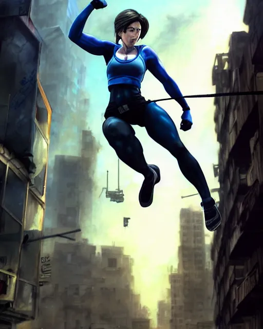 Image similar to gigachad jill valentine bodybuilder jumping from a building fighting with a rope in racoon city, fantasy character portrait, ultra realistic, anime key visual, full body concept art, intricate details, highly detailed by greg rutkowski, ilya kuvshinov, gaston bussiere, craig mullins, simon bisley