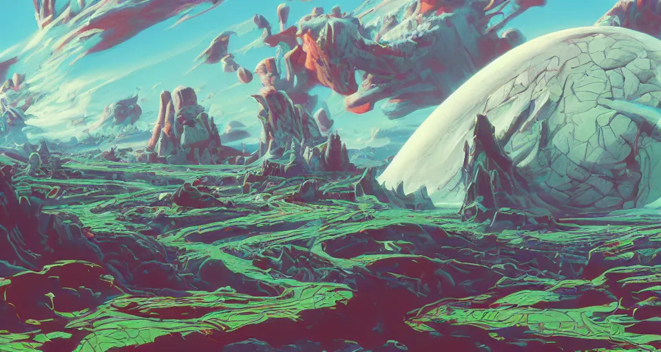 Prompt: a licorice landscape, retro-scifi landcape, moons in the sky, wide-angle shot, angled view, fisheye lens, two point perspective, animation background painting from Thundercats (1985), Masters of the Universe (1983), in the style of Jim Burns, Craig Mullins, clean scan, artstation trending, digital painting, many small details, 8k