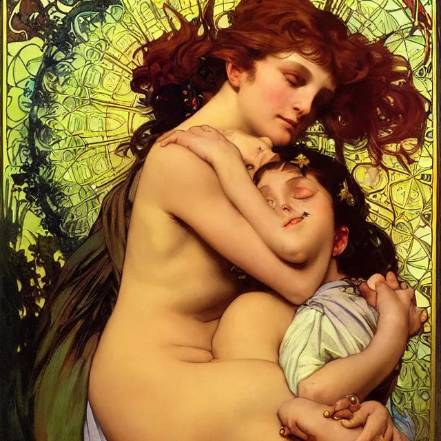 Prompt: an aesthetic! detailed portrait of an aesthetic woman crying mournfully while cradling a child, by frank frazetta and alphonse mucha, oil on canvas, bright colors, art nouveau, epic composition, dungeons and dragons fantasy art, hd, god - rays, ray - tracing, crisp contour - lines, huhd - 8 k