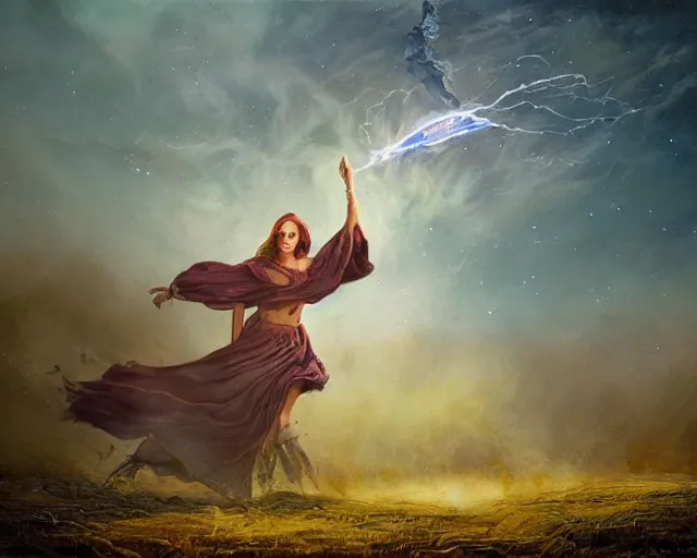 Image similar to sorceress casting powerful meteor spell in the plains. highly detailed painting by seb mckinnon 8 k