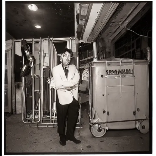 Image similar to spaghetti face man in a suit standing in front of the thrash can in san - francisco, photo 4 k, direct flash, bottom up, high resolution, film photography,