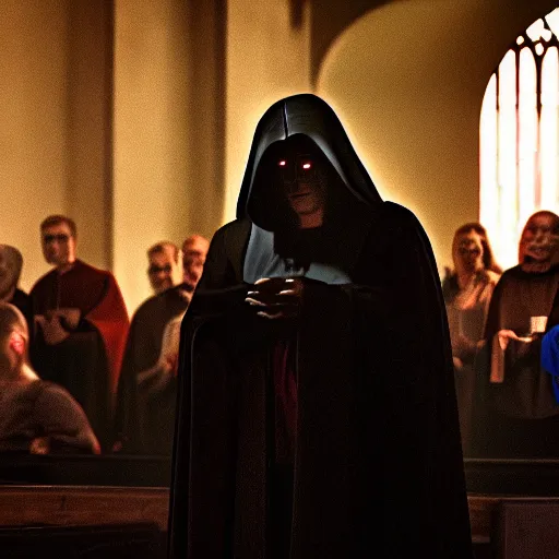 Image similar to emperor palpatine preaching to people at church, 8k cinematic lighting, very sharp detail, anatomically correct