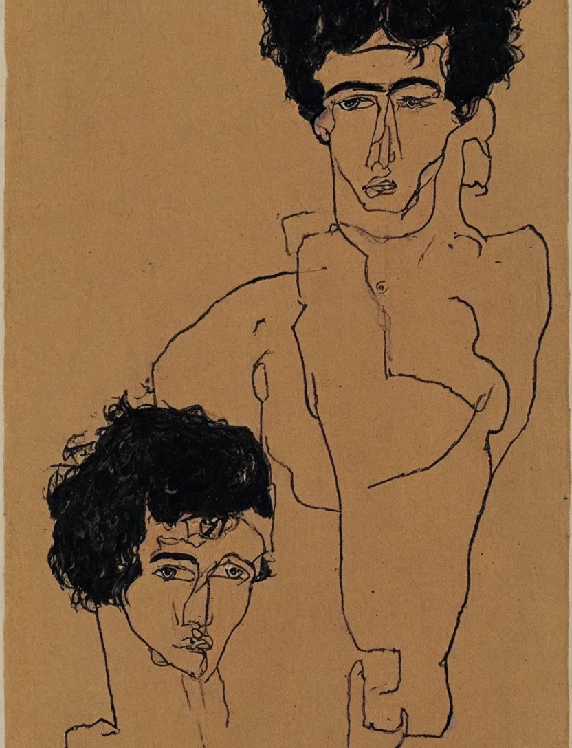 Prompt: A young man with tall hair in the style of Egon Schiele.