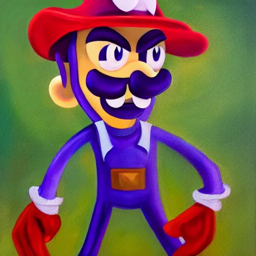 Image similar to Still oil painting of Waluigi. 8k. Trending. Good lighting.