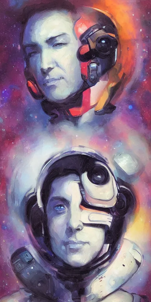 Prompt: abstract expressionist portrait of a space mechanic in the style of frank cho, casey baugh and james jean