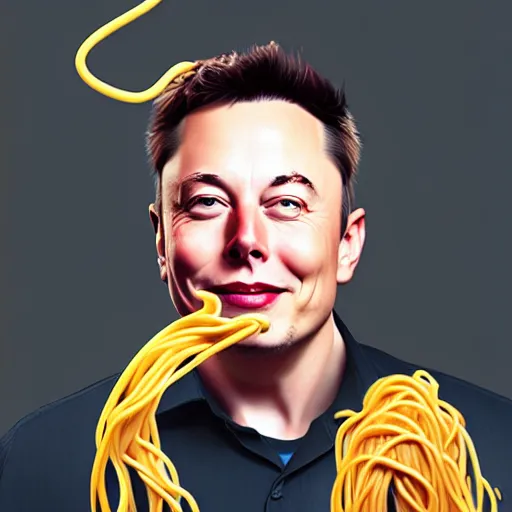 Image similar to digital art of anthropomorphic elon musk with spaghetti as hair photorealistic photoshop 4 k