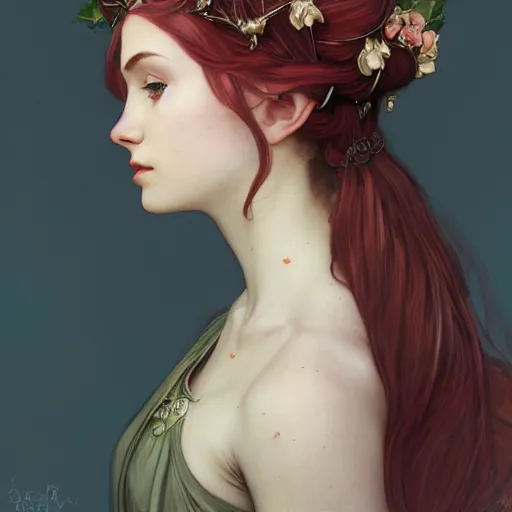 Prompt: portrait of very beautiful elf, thorn rose crown, hair over face, headshot, looking up, hyper realistic, pale skin, dark red hair, 4k, rule of thirds, extreme detail, detailed drawing, trending artstation, hd, fantasy, D&D, realistic lighting, by Alphonse Mucha, Greg Rutkowski, sharp focus, backlit, elegant