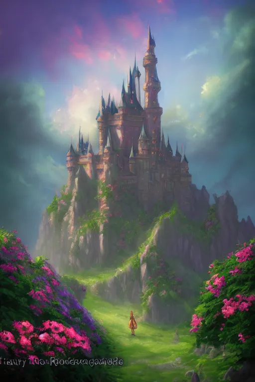 Image similar to fantasy castle flowers and fantasy sky, andreas rocha style