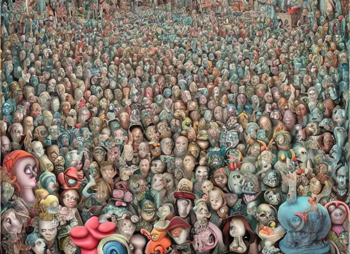 Prompt: where's waldo, lowbrow, matte painting, 3 - d highly detailed, in the styles of mark ryden, giger, amy sol