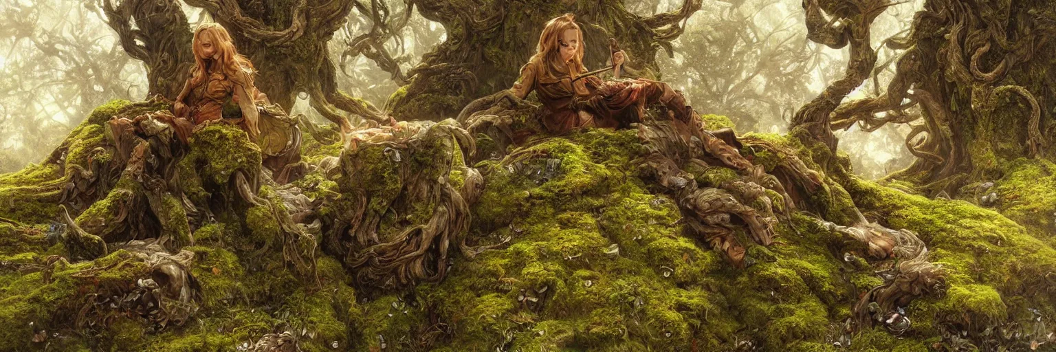 Prompt: portrait of a golden PlayStation Controller on the mossy tree stump, D&D, fantasy, highly detailed, digital painting, artstation, concept art, smooth, sharp focus, illustration, art by artgerm and greg rutkowski and alphonse mucha