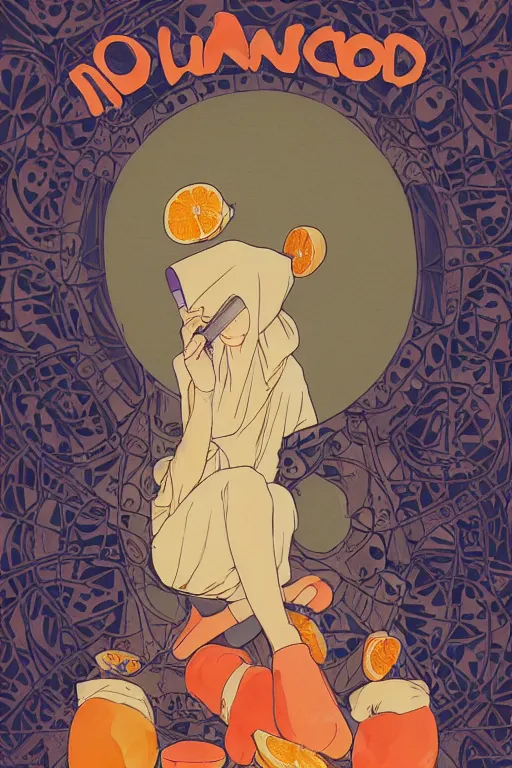 Image similar to a Girl in a large hood crouching on the ground ,orange slices,album,Microphone,Visual Communication Design by studio ghibli and mucha ,Refreshing colour