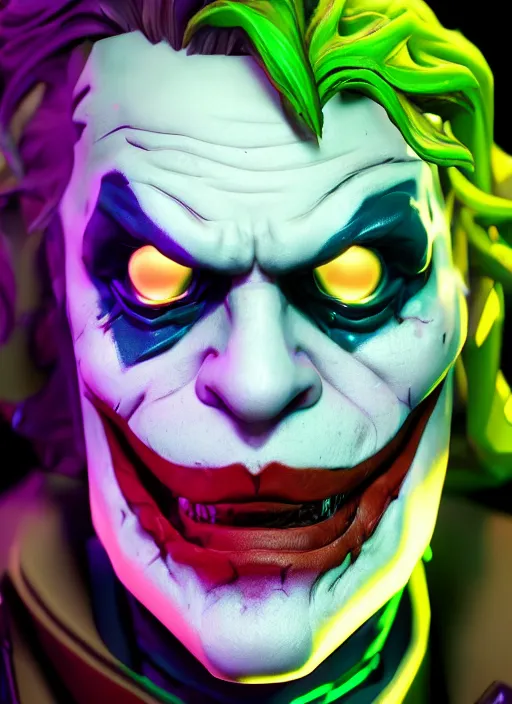 Image similar to glowwave portrait of the joker from borderlands 3, hyper detailed, digital art, trending in artstation, cinematic lighting, studio quality, smooth render, unreal engine 5 rendered, octane rendered, art style by heri irawan and wlop