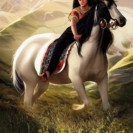 Image similar to full body shot of a beautiful young kurdish woman with beautiful black hair riding a beautiful white horse in the kurdish mountains art by martin ansin, highly detailed, 8 k, high resolution, award winning art, incredibly intricate, beautiful and symmetrical face