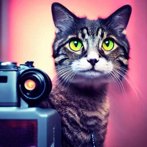 Image similar to portrait of a cute cyberpunk cat, realistic, futuristic, robot, professional photography