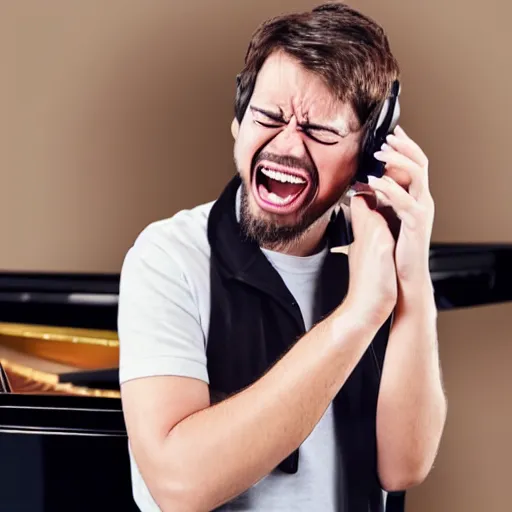 Image similar to a crying musician is shouting at a mobile phone while playing piano, professional photography