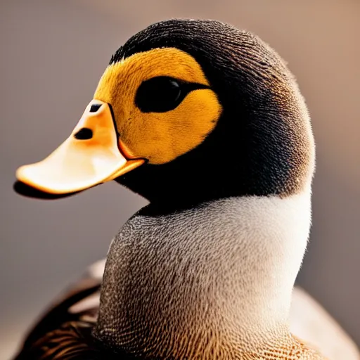 Prompt: A high detail closeup shot of a duck wearing a suit