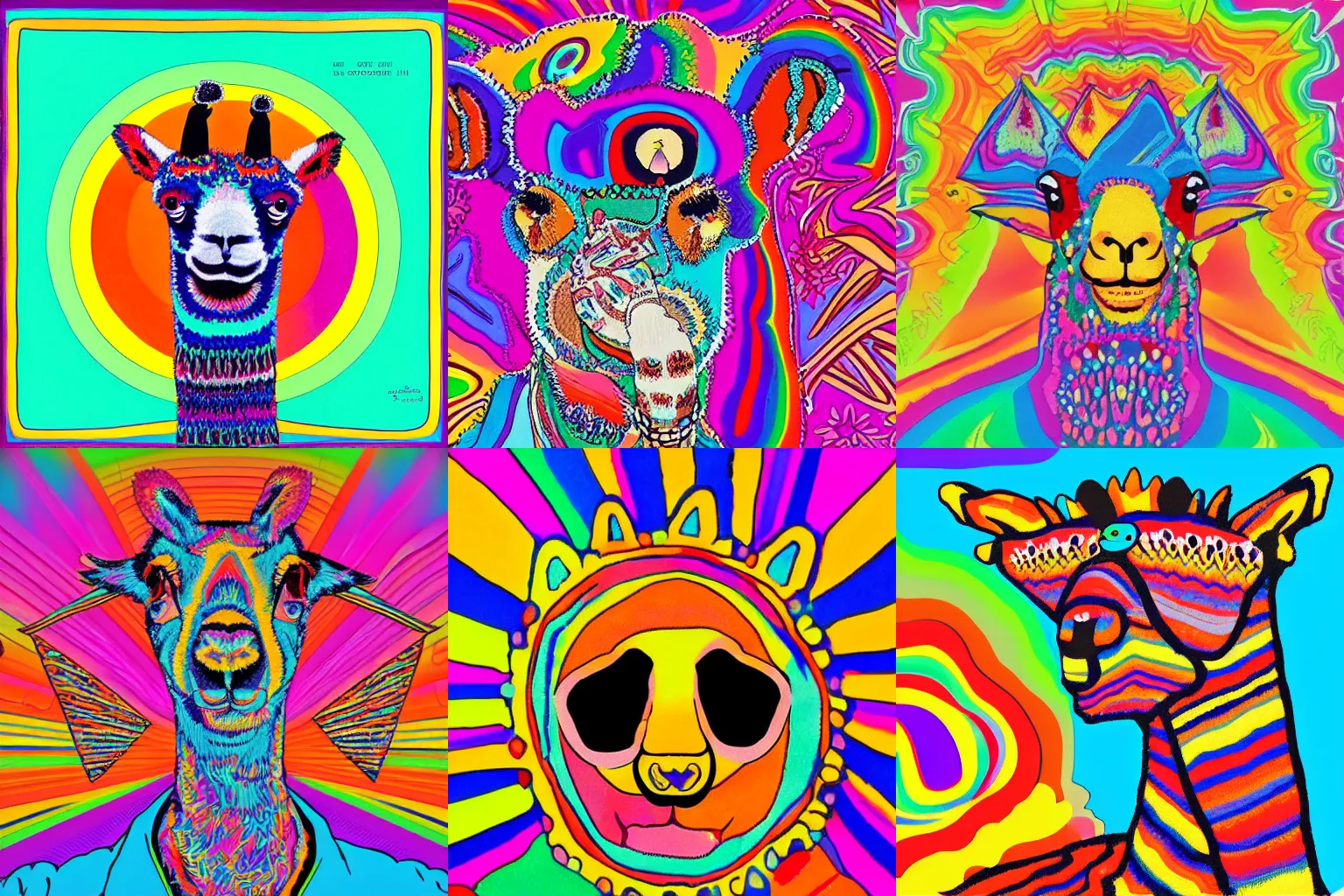 Prompt: psychedelic and colorful 60s album cover featuring a cartoon alpaca with buckteeth,