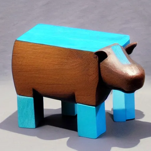 Prompt: wood block small hippo statue, wood blocks bottom hippo body, blue chrome top hippo body, by a genius craftsman, highly detailed, wood block legs made of polished wooden blocks under the blue resin chrome top