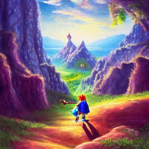 Image similar to zelda ocarina of time landscape, oil painting, beautiful, disney, pixar, artgerm