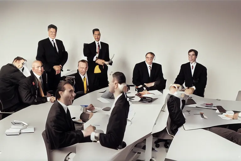 Image similar to Ronald McDonald sat at the desk of a corporate board meeting, surrounded by men in suits, award winning photograph, nikon, 24mm focal length, f/8, fuji velvia, business photography