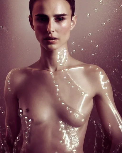 Prompt: nathalie portman wearing a risque outfit made from soap bubbles, female beauty, half body portrait, greg kutkowski, sharp details, soft lighting, subsurface scattering, pearls of sweat, glistening skin, warm lighting