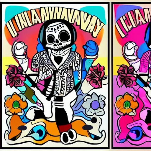 Prompt: manny calavera from grim fandango, game concept art, flat colours, bright colours, mexican day of the dead festival background by peter chan, artstation,