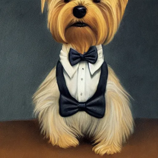 Image similar to a Yorkshire terrier at a bar wearing a bow tie, extremely detailed masterpiece, illustration, by Michael Sowa,