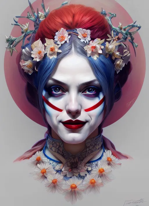 Image similar to symmetry portrait of floral harley quinn, intricate, elegant, highly detailed, digital painting, artstation, concept art, smooth, sharp focus, illustration, art by artgerm and greg rutkowski and alphonse mucha, 8 k