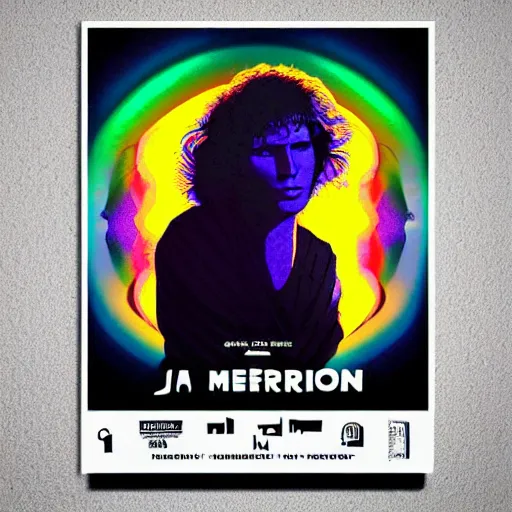 Prompt: A festival poster of Jim Morrison in the Astral Plane, haunting digital art