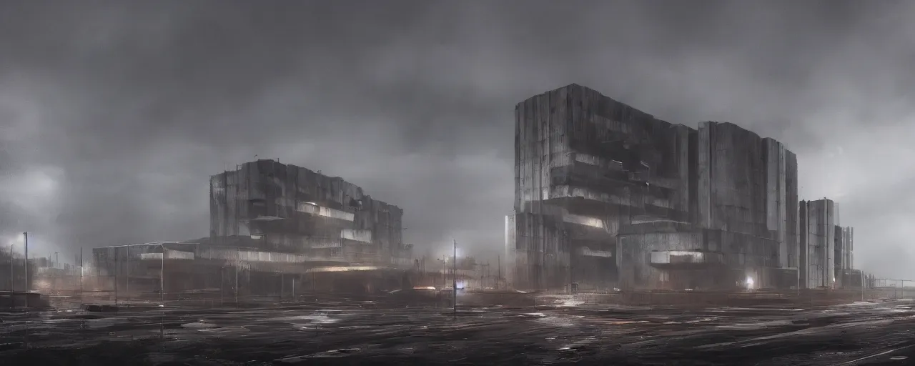 Image similar to brutalist architecture, metal, concrete, mist, rain, night, dramatic lighting, lightning bolt, trending on Artstation, 8k, highly realistic, hyper detailed, unreal engine 5, IMAX quality, realistic, cinematic, epic lighting, realistic, in the style of Greg Rutkowski