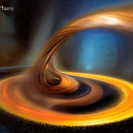 Prompt: wide angle shot of a giant liquid golden stream ascending swirling into a the gravitational field of a deep dark black hole, james web telescope, conceptart, unreal engine 5, 8 k, high depth of field, depth perception, rich deep colors, artstation