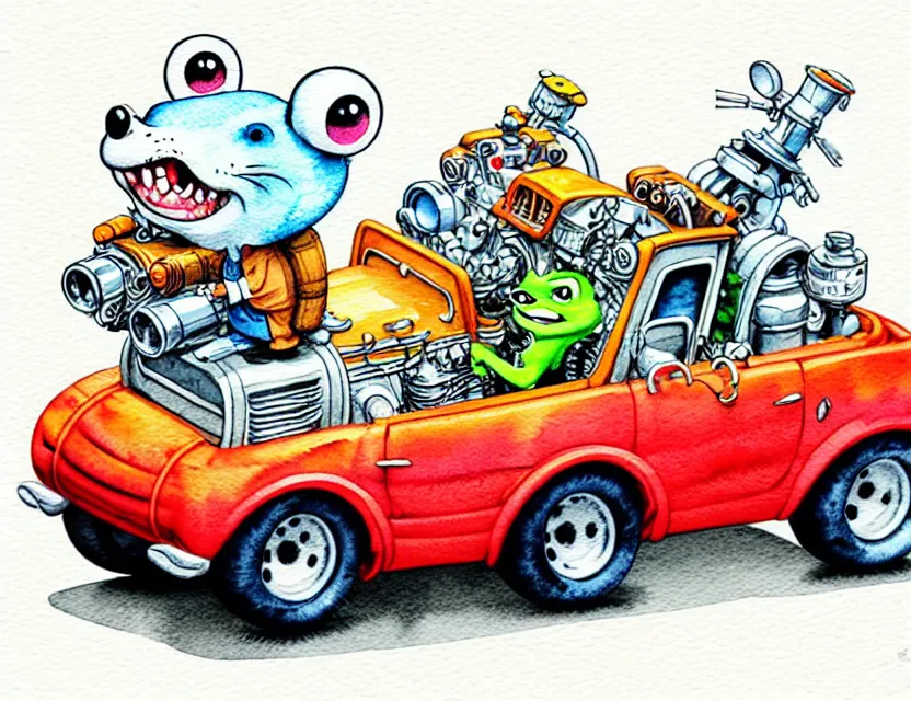 Image similar to cute and funny, weasel riding in a tiny hot rod with oversized engine, ratfink style by ed roth, centered award winning watercolor pen illustration, isometric illustration by chihiro iwasaki, edited by range murata, tiny details by artgerm and watercolor girl, symmetrically isometrically centered