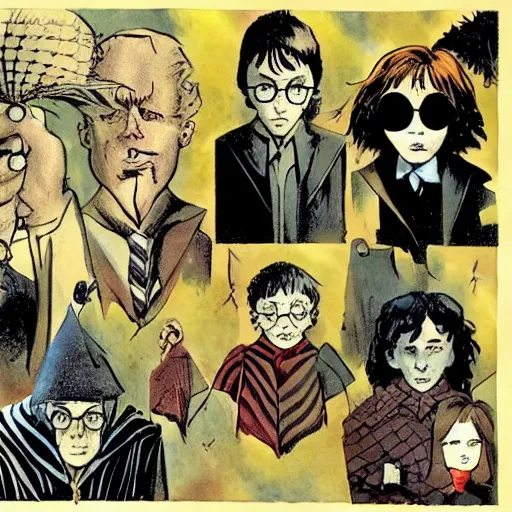 Image similar to in one frame Harry Potter in The Sandman comic, by Neil Gaiman, by Dave McKean, comics Sandman, small details, whole-length, clear faces, high detail