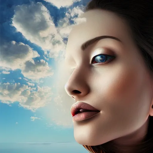 Image similar to a woman's head with clouds in the background, an airbrush painting by igor morski, behance contest winner, fantasy art, daz 3 d, behance hd, airbrush art