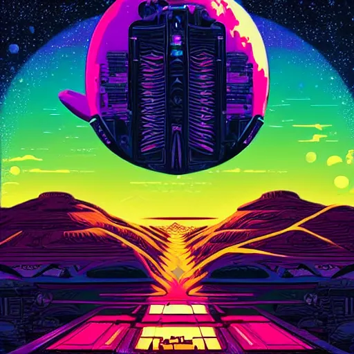 Image similar to gigantic alien mothership above a beautiful synthwave landscape, artwork by dan mumford and craig bruyn