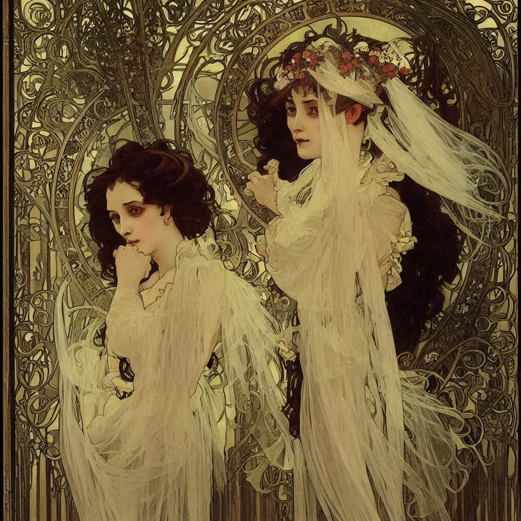 Image similar to realistic detailed portrait of a gothic bride in the mirror, god ray behind,, scary style, by alphonse mucha