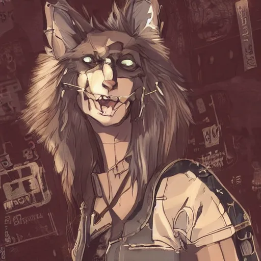 Prompt: beautiful furry art portrait commission of a furry anthro wolf fursona wearing punk clothes in the streets of a cyberpunk city. character design by charlie bowater, ross tran, rick griffin, miles df, detailed, inked, western comic book art