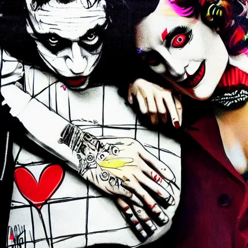 Prompt: mimmo rottela and banksy as joaquin phoenix skinny joker holding hand lady gaga harley queen, photorealistic, intricate details, pop art style, baroque, hyperdetailed, concept art