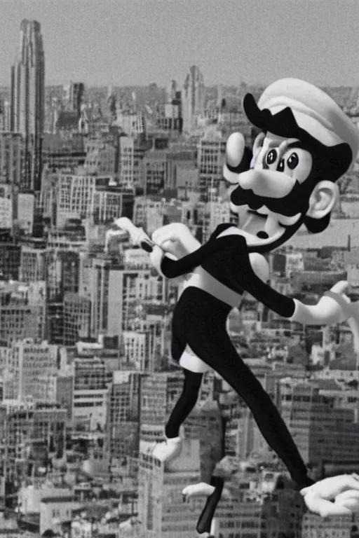 Prompt: still from vhs footage of waluigi attacking city