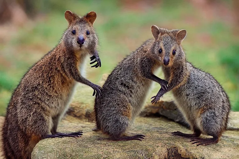 Image similar to “a quokka and wallaby smiling and hugging each other, nature photography”