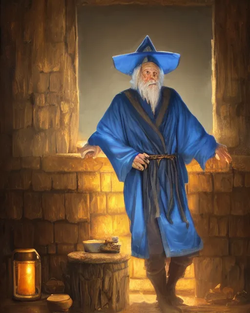 Image similar to oil painting of a an old mage wearing a blue robe and wizard hat, cozy wood cabin background, staff resting against a wall, fantasy style, volumetric lighting, 8k high definition, by greg rutkowski, highly detailed, trending on deviant art