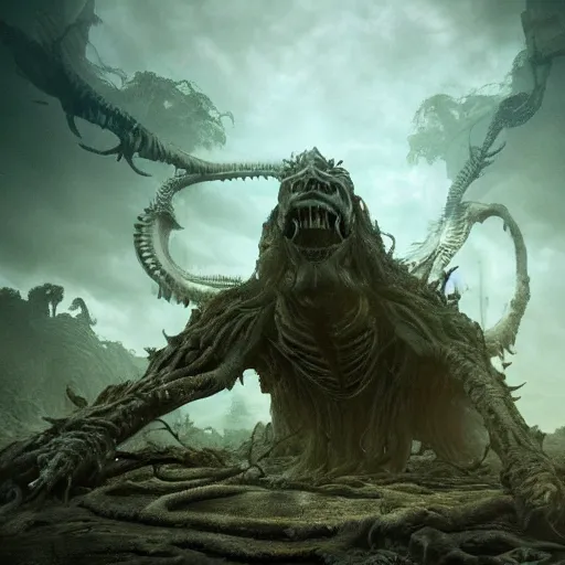 Image similar to corrupted colossal eldritch giant, wrapped in beautiful cerulean cloth, buried ancient city, jungle, haunting face, ribcage, teeth, bones, ominous sky, global illumination, creepy, hyper - realistic, insanely detailed and intricate, cinematic 8 k