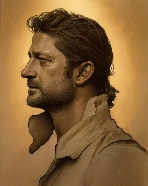 Image similar to amazing lifelike award winning pencil illustration of Gerard Butler trending on art station artgerm Greg rutkowski alphonse mucha j.c. Leyendecker cinematic, centered in frame