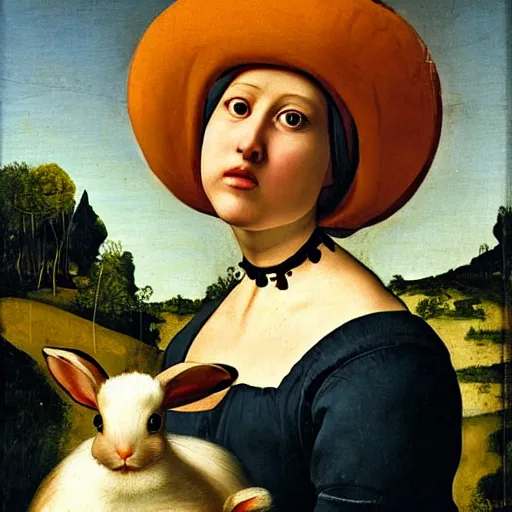 Prompt: the lady with the rabbit hat. renaissance painting, oil on canvas, 1 8 7 0.