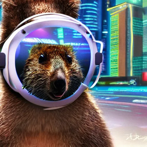 Prompt: a quokka wearing a hmd vr, cyberpunk digital painting