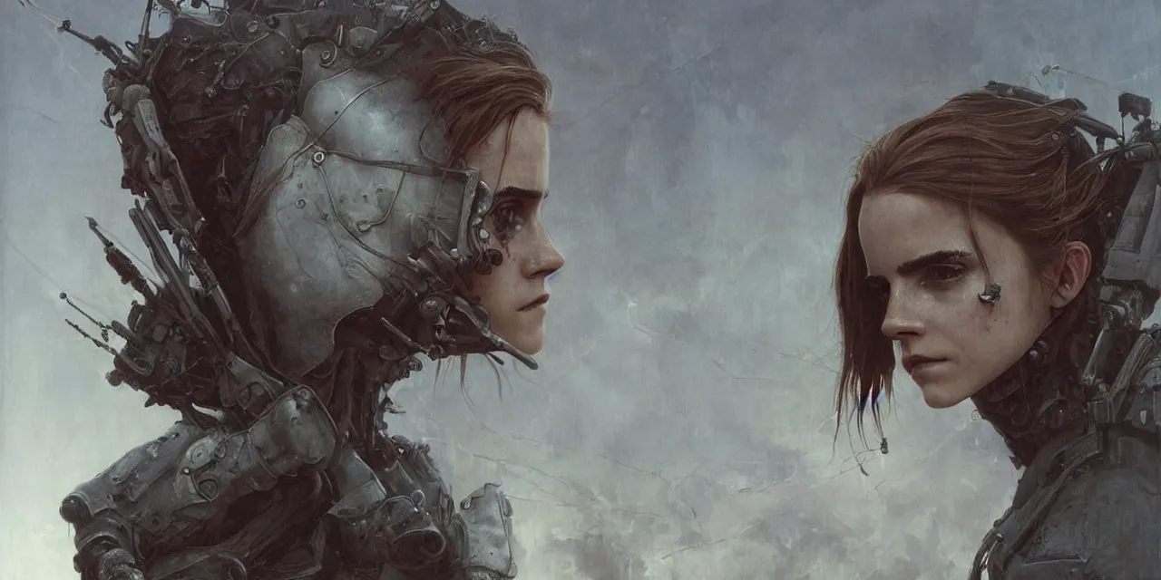 Image similar to emma watson closeup baroque cyberpunk flight suit gritty oily futuristic asymmetric beksinski moebius